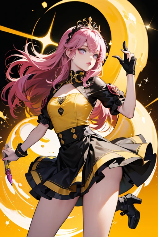 Queen Banana has vivid crimson colored-eyes with light violet sclera, vivid yellow lipstick, two solid bananas as her front hair, a black mask with a yellow outline, a black and yellow full body-outfit, and a skirt consisting of five large bananas with a circular hole for her gun. She also has four mini bananas attached to a black circle on her chest and has light yellow skin. SPARKLE; GLITTER