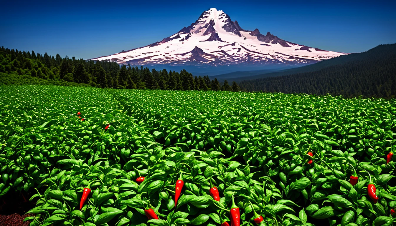 Realistic,Very realistic,Extreme Detail,Breathtakingly realistic,High contrast realism,High Saturation Realism,Vibrant colors, Chilis, Red peppers, basil, mt hood in the landscape,Dramatic lighting,Fascinating landscape,Persuasive storytelling,Atmospheric scenery,Captivating visuals,Intricate details,Strong emotions,Heavenly Beauty,A dreamlike world