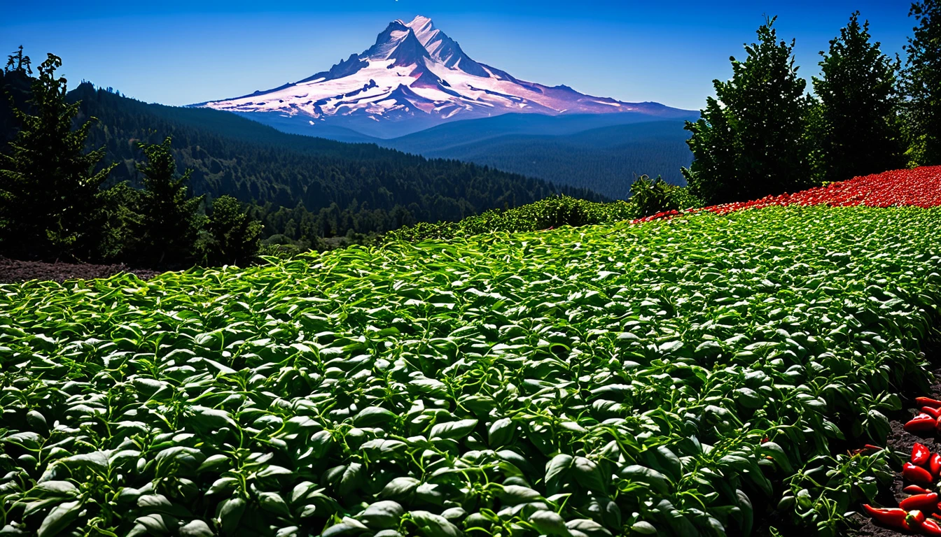 Realistic,Very realistic,Extreme Detail,Breathtakingly realistic,High contrast realism,High Saturation Realism,Vibrant colors, Chilis, Red peppers, basil, mt hood in the landscape,Dramatic lighting,Fascinating landscape,Persuasive storytelling,Atmospheric scenery,Captivating visuals,Intricate details,Strong emotions,Heavenly Beauty,A dreamlike world