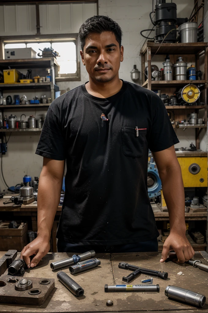 Technician with Ecuadorian features, specialist in diesel engines, talking about rotary injection pumps in a workshop with all his protective equipment and in the background with the tools necessary for the operation of the workshop.