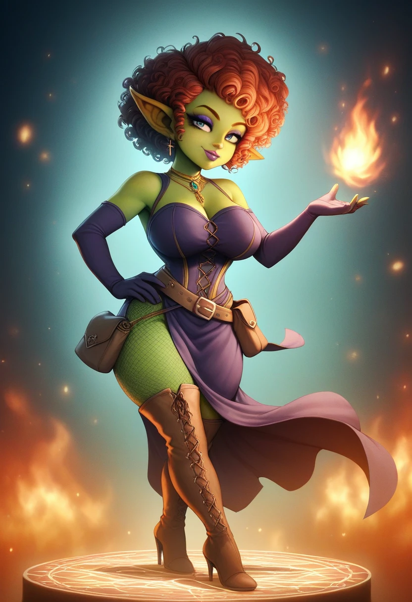 Girl, goblin girl, goblin, green skin, short, short stature, short hair, red hair, curly hair, large breasts, long gloves, thigh boots, pouty lips, masterpiece, best quality, sexy, dynamic pose, 8k, shortstack, sfw, shiny, fantasy, dungeons and dragons, high heels,  fishnets, holding, dark green skin, adventurer, slutty pose, sorcerer, sorceress, pyromancer, fire and ice, magic, fire and ice magic, long detailed slutty colorful dress, thigh pouch, very curly hair, lots of belts, curly hairstyle, lipstick, rosy cheeks, smile, eyeshadow, eye liner, belt on hip, magic, magic dress, very detailed, magic user, puffy lips, bright colors