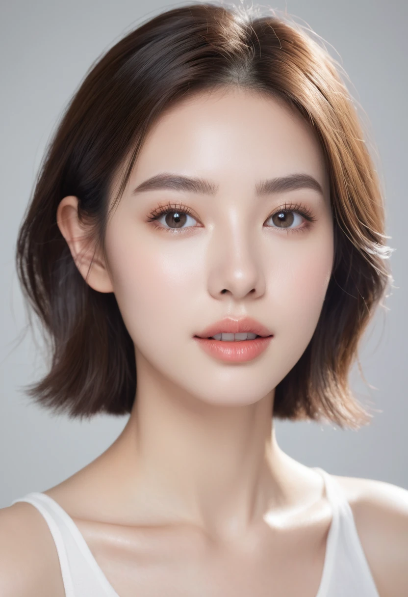 "Create a realistic portrait of a 22 year old woman looking straight ahead.. She has clear and smooth skin., With an even and healthy tone, no defects. your hair is long, brown and wavy, falling gently on the shoulder. Her eyes are light brown., big and expressive, With long eyelashes and sharp eyebrows. She has an oval face., With slightly pink cheeks and full lips with a delicate smile.. She wore a simple white blouse., There is light., natural makeup, Highlight your natural beauty. The background of the image is neutral., It should be a light color., to highlight your face. The light is soft and even., no harsh shadows, To improve skin texture and facial details."