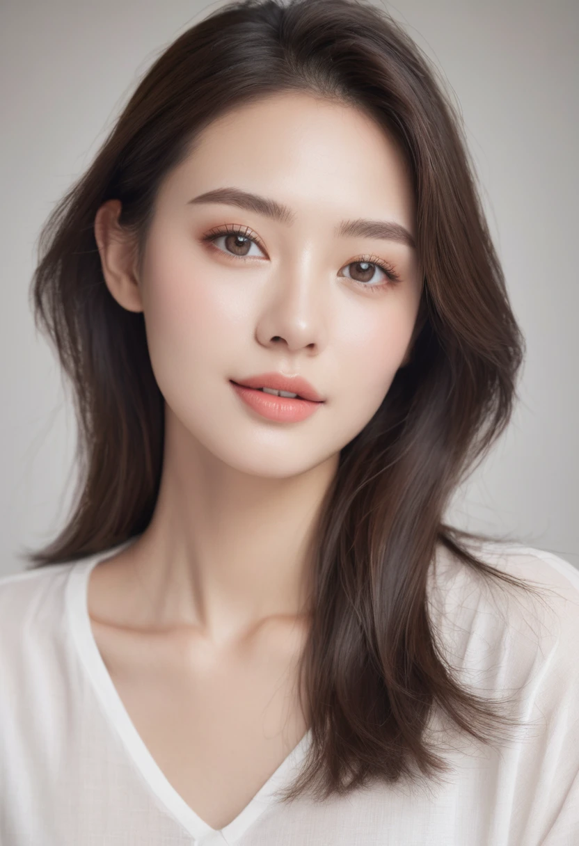 "Create a realistic portrait of a 22 year old woman looking straight ahead.. She has clear and smooth skin., With an even and healthy tone, no defects. your hair is long, brown and wavy, falling gently on the shoulder. Her eyes are light brown., big and expressive, With long eyelashes and sharp eyebrows. She has an oval face., With slightly pink cheeks and full lips with a delicate smile.. She wore a simple white blouse., There is light., natural makeup, Highlight your natural beauty. The background of the image is neutral., It should be a light color., to highlight your face. The light is soft and even., no harsh shadows, To improve skin texture and facial details."