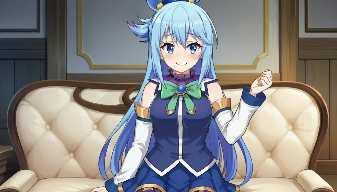 core_9, score_8_up, score_7_up, score_6_up, BREAK source_anime,aqua /(konosuba/), long hair, blue eyes, hair ornament, very long hair, blue hair, hair rings, single hair ring, blue skirt, blue shirt, thighhighs, bare shoulders, detached sleeves, white thighhighs, green bow, blue boots BREAK 1girl, sitting on a couch, detailed eyes, smile, anime screencap, cowboy shot, inside a mansion