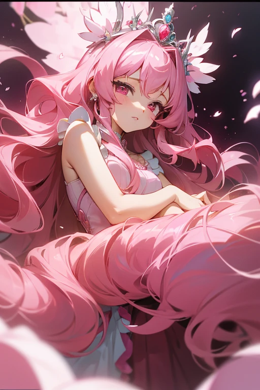 An adult anime princess with long pink wavy hair and pink eyes that is wearing a exquisite and detailed pink ballgown and has cherry blossom hair accessories and an exquisite pink tiara