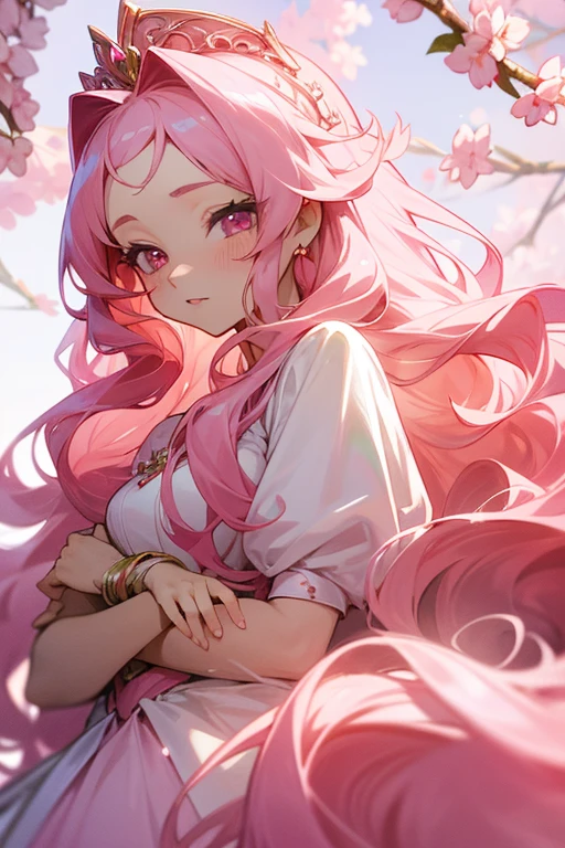 An adult anime princess with long pink wavy hair and pink eyes that is wearing a exquisite and detailed pink ballgown and has cherry blossom hair accessories and an exquisite pink tiara