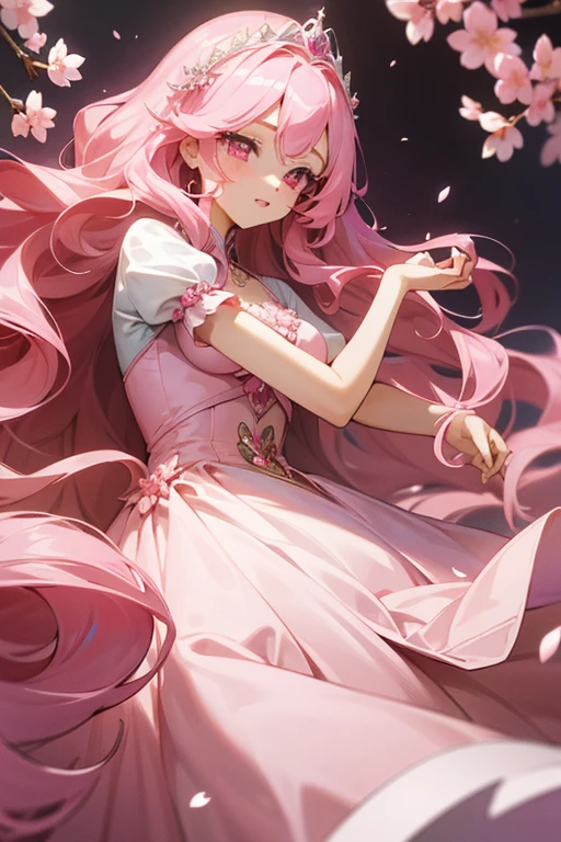 An adult anime princess with long pink wavy hair and pink eyes that is wearing a exquisite and detailed pink ballgown and has cherry blossom hair accessories and an exquisite pink tiara