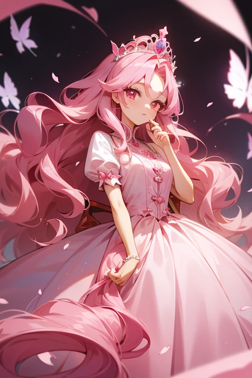 An adult anime princess with long pink wavy hair and pink eyes that is wearing a exquisite and detailed pink ballgown and has cherry blossom hair accessories and an exquisite pink tiara