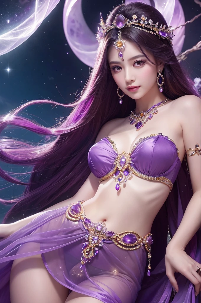 A beautiful goddess inspired by amethyst. Her dress and accessories all radiate the brilliance of amethyst, enveloped in a purple aura. She exudes a mystical and graceful presence, with a background that harmonizes with nature.