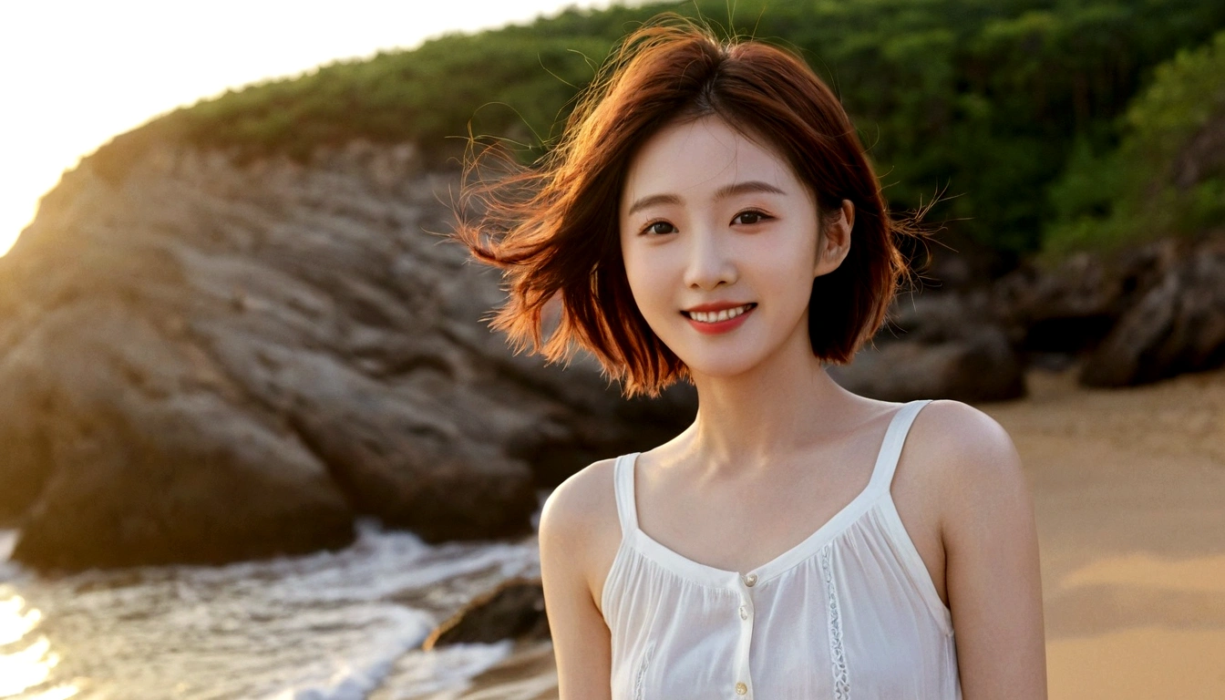 sunset on the beach，바다에 잔광이 비치네sunset on the beach 붉은 태양，A strong lingering scent is reflected in the sea., Beautiful 36-year-old short Korean woman, Chest size 34 inches, Wear sleeveless, light skirt. beautiful pretty woman look , wearing a light skirt , Go far into the sea water and dip your toes., Short medium hair blowing in the wind, 1 short woman, beautiful eyes, a little smile, Full-body photo taken from afar with a wide-angle lens, The background is clean and perfect., waves moved by the wind, best high definition