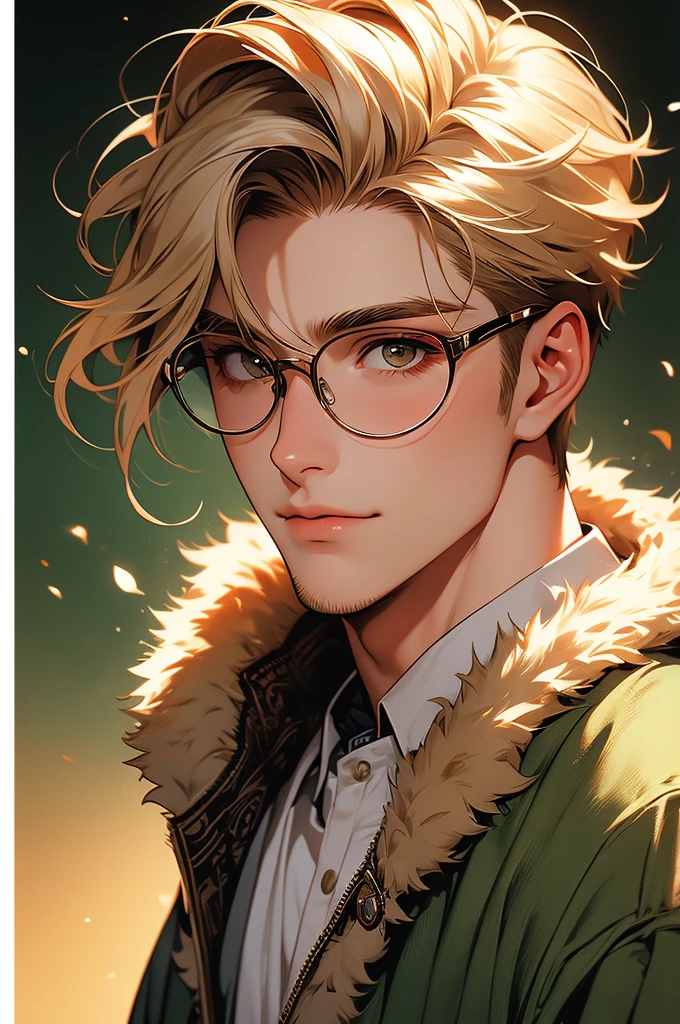 [32k, 8k, very detailed image, masterpiece], young man, naturally handsome, 23 years old, medium-length blond hair, light brown eyes, large round glasses, [looking fixedly at the viewer], shaved beard, adventurous colored clothing olive, guild background, [[naive expression]], laughter 1.5