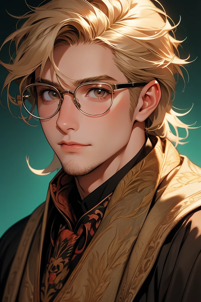 [32k, 8k, very detailed image, masterpiece], young man, naturally handsome, 23 years old, medium-length blond hair, light brown eyes, large round glasses, [looking fixedly at the viewer], shaved beard, adventurous colored clothing olive, guild background, [[naive expression]], laughter 1.5
