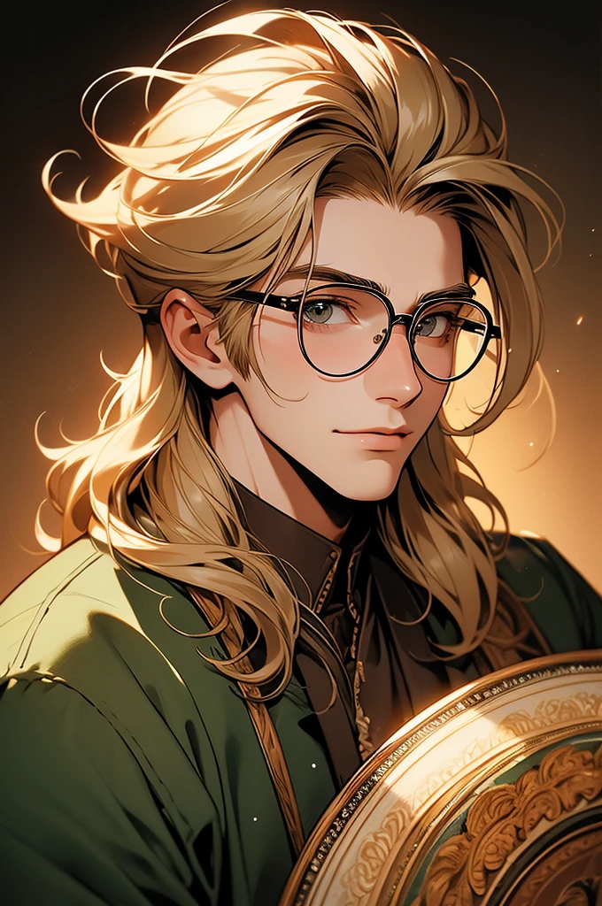[32k, 8k, very detailed image, masterpiece], young man, naturally handsome, 23 years old, medium-length blond hair, light brown eyes, large round glasses, [looking fixedly at the viewer], shaved beard, adventurous colored clothing olive, guild background, [[naive expression]], laughter 1.5