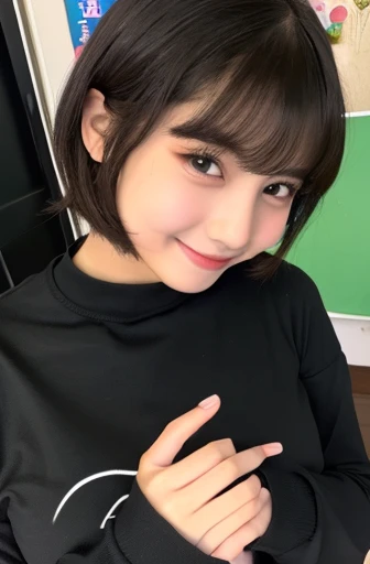 Shortcuts、smile、smile、((Please wear a black long sleeve top))、((Selfie style in my room)),((student))、((Very young))、((very cute))、((So adorable))、((More naturally))),Highest quality, masterpiece, Ultra-high resolution, (Realistic:1.4), photograph, Very detailed, Perfect Anatomy, 1 girl, 18-year-old, Famous idols of Japan, Front view, Crotch close-up,, ((Accentuate your breasts))