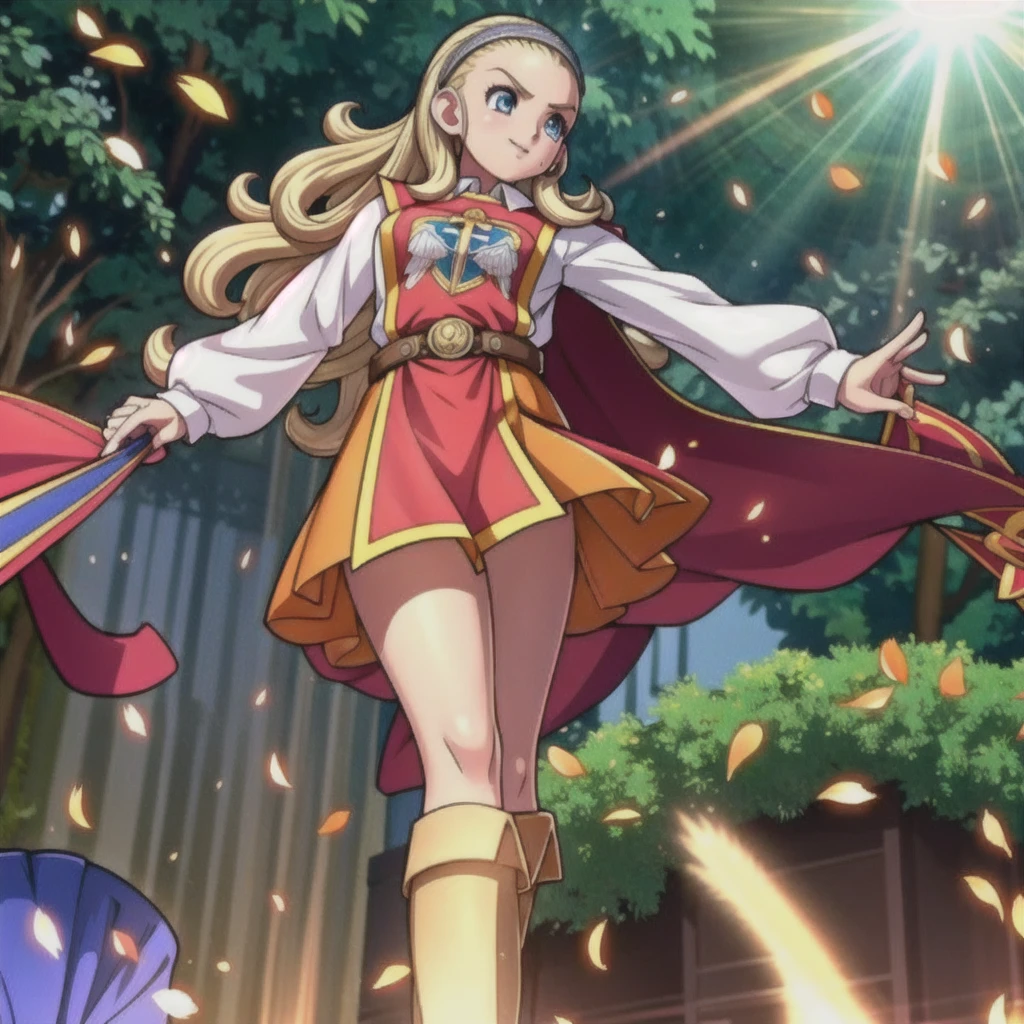 DQ10 Anchor, Long Hair, Curly Hair, Blonde, blue eyes, amount, hair band, DQ10 Costumes, Red Cape, Long sleeve, Orange Skirt, boots, break (Small breasts), Amar, beautiful, masterpiece, 8K resolution, Highly detailed face, One Girl, beautiful girl, Adult Girls, 20-year-old, Eye highlights, avert your eyes, smile, Lips parted, blush, break (running:1.1), dynamic, Active movement, the wind is strong, Petals flutter, break anime background, Outdoor, in the forest, garden, Gentle sunlight, ,Translucent skirt,Spread your legs,Angle from directly below,Take off your skirt,Jacket only,Translucent slip,underwearの中に手を入れる,underwear見える, underwear, Look under the skirt,The camera is up her skirt, Crotch close-up