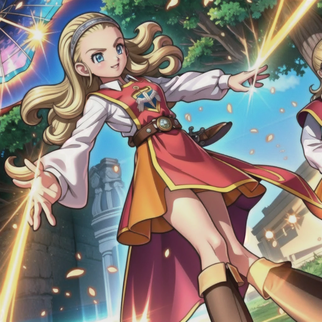 DQ10 Anchor, Long Hair, Curly Hair, Blonde, blue eyes, amount, hair band, DQ10 Costumes, Red Cape, Long sleeve, Orange Skirt, boots, break (Small breasts), Amar, beautiful, masterpiece, 8K resolution, Highly detailed face, One Girl, beautiful girl, Adult Girls, 20-year-old, Eye highlights, avert your eyes, smile, Lips parted, blush, break (running:1.1), dynamic, Active movement, the wind is strong, Petals flutter, break anime background, Outdoor, in the forest, garden, Gentle sunlight, ,Translucent skirt,Spread your legs,Angle from directly below,Take off your skirt,Jacket only,Translucent slip,underwearの中に手を入れる,underwear見える, underwear, Look under the skirt,The camera is up her skirt, Crotch close-up