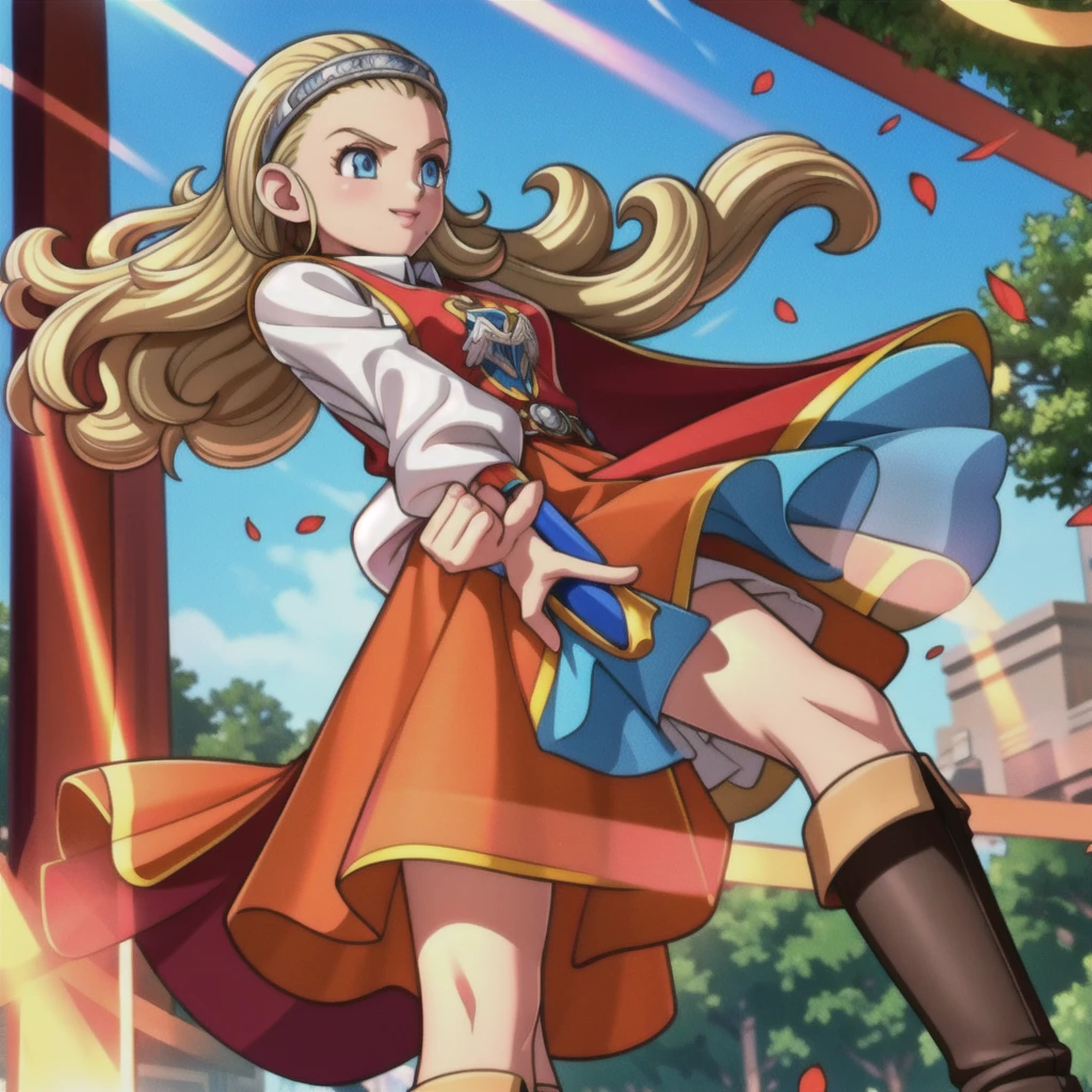 DQ10 Anchor, Long Hair, Curly Hair, Blonde, blue eyes, amount, hair band, DQ10 Costumes, Red Cape, Long sleeve, Orange Skirt, boots, break (Small breasts), Amar, beautiful, masterpiece, 8K resolution, Highly detailed face, One Girl, beautiful girl, Adult Girls, 20-year-old, Eye highlights, avert your eyes, smile, Lips parted, blush, break (running:1.1), dynamic, Active movement, the wind is strong, Petals flutter, break anime background, Outdoor, in the forest, garden, Gentle sunlight, ,Translucent skirt,Spread your legs,Angle from directly below,Take off your skirt,Jacket only,Translucent slip,underwearの中に手を入れる,underwear見える, underwear, Look under the skirt,The camera is up her skirt, Crotch close-up