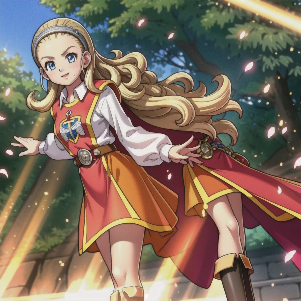 DQ10 Anchor, Long Hair, Curly Hair, Blonde, blue eyes, amount, hair band, DQ10 Costumes, Red Cape, Long sleeve, Orange Skirt, boots, break (Small breasts), Amar, beautiful, masterpiece, 8K resolution, Highly detailed face, One Girl, beautiful girl, Adult Girls, 20-year-old, Eye highlights, avert your eyes, smile, Lips parted, blush, break (running:1.1), dynamic, Active movement, the wind is strong, Petals flutter, break anime background, Outdoor, in the forest, garden, Gentle sunlight, ,Translucent skirt,Spread your legs,Angle from directly below,Take off your skirt,Jacket only,Translucent slip,underwearの中に手を入れる,underwear見える, underwear, Look under the skirt,The camera is up her skirt, Crotch close-up