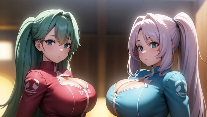 a masterpiece photo of 3 beautiful plump cyan-haired sisters with long fluffy-layered hair, cyan haired sisters, different hair colors, matching hairstyles, hazel eyes, big And round bust, matching uniforms, serious, flat color, same height, organized pose, back to back, best quality, 4k, 8k, highres, masterpiece:1.2, ultra-detailed, realistic, photorealistic, photo-realistic:1.37, HDR, UHD, studio lighting, ultra-fine painting, sharp focus, physically-based rendering, extreme detail description, professional, vivid colors, bokeh