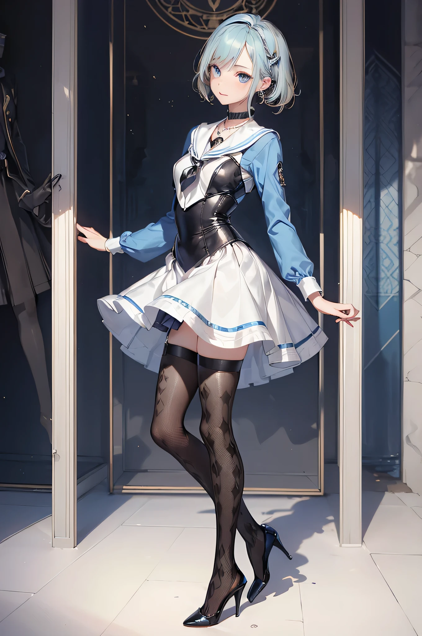 ((Biologically correct limb count)),(( From head to toe,Full-body photo including face)),4K,((Standing position)),masterpiece,((Focus on the face)),((Symmetrical facial features)),Eyes with detailed description,Beautiful woman,Great style,Beautiful arms,Beautiful legs,Beautiful Hands,(Small Ass,Thin thighs),Facial detailing,Small earrings,necklace,(Rubber Sailor Suit,mini skirt((High heels,Patterned stockings))),((Waiting for someone to meet up)),Silk gloves,(((Short blue-blonde hair))),Realistic photo