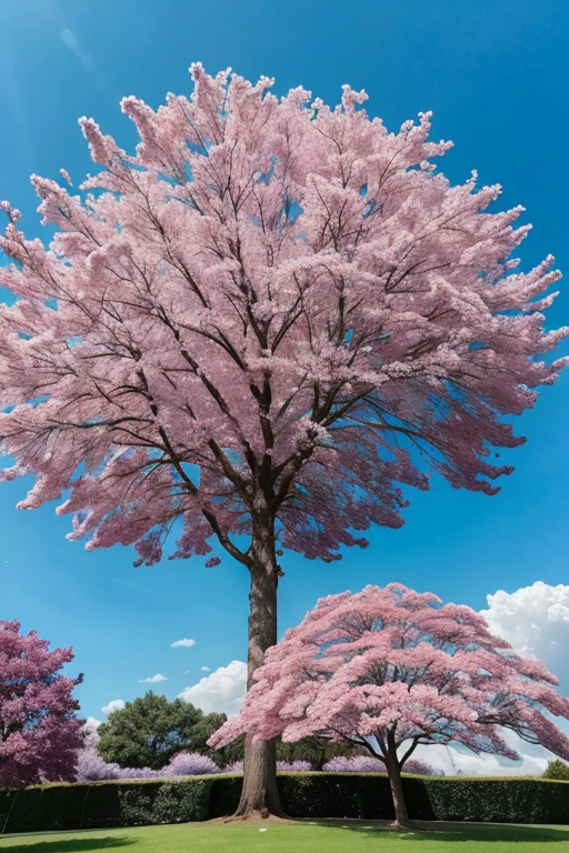 A giant tree full of bright pink flowers, a cyan blue background like the sky and a lawn under the tree full of purple flowers