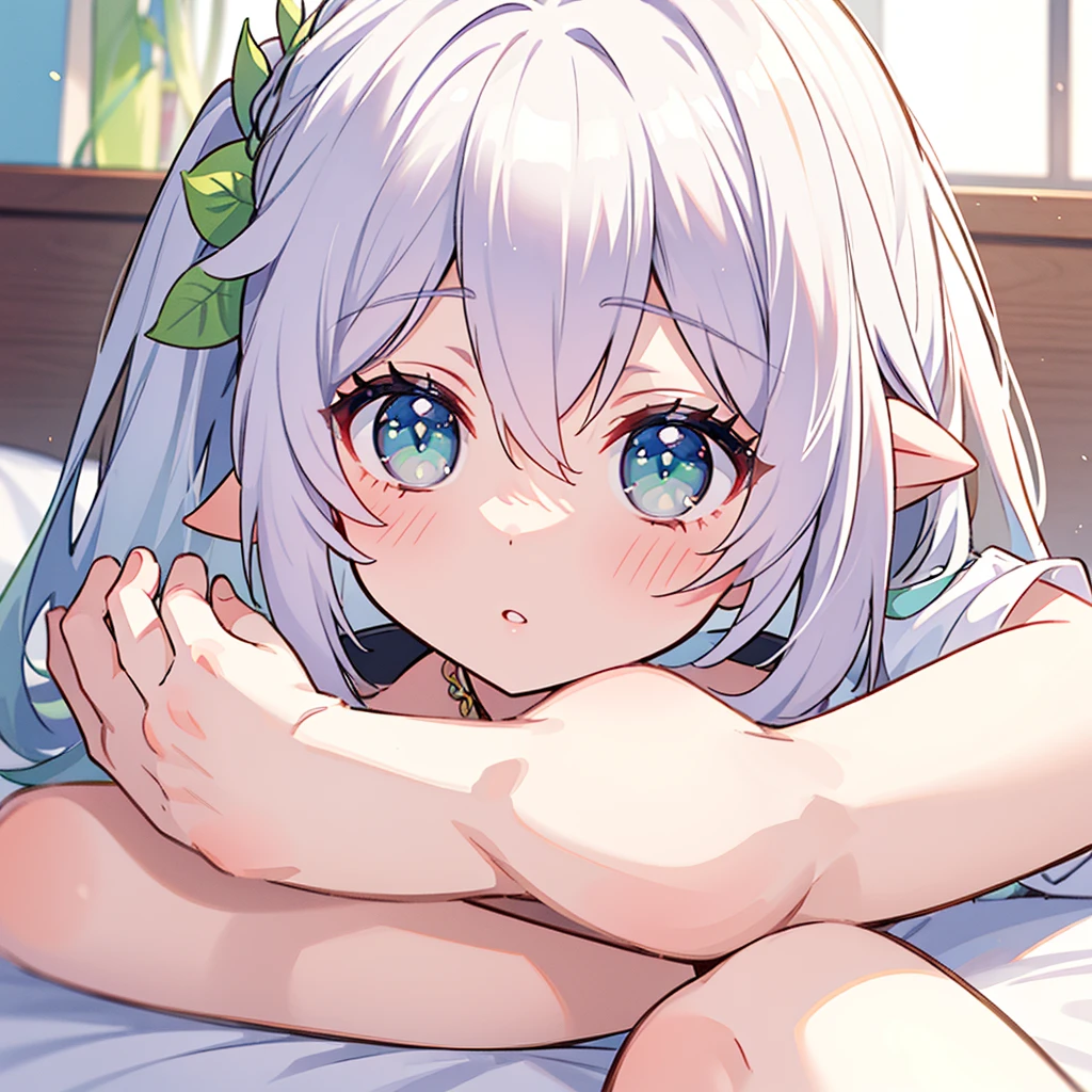 Loli, child, flat chest, small body, small legs, nude, naked, spread legs, pointy ears, on bed, good eyes, smiling softly, perfect body ratio,