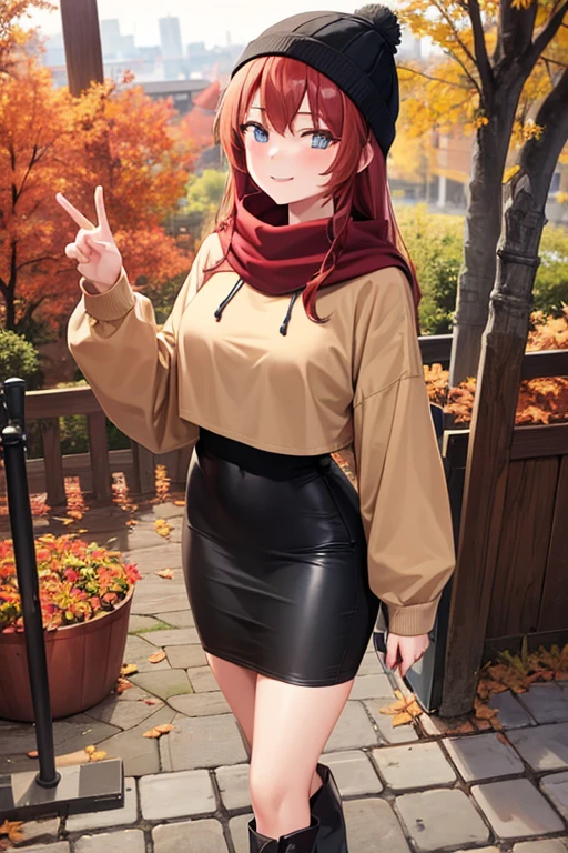 1girl, woman, brown hoodie (cropped), tight midi pencil skirt (black), long length pencil skirt, long red hair, looking at viewer, full body, smile, blush, boots, garden, fall, leaves, beanie, red scarf