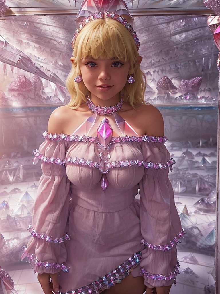 (teen-girl with hugebigboobs:1.4), (cute lip:1.1),(red smock:1.4),(blunt bangs:1.2),(happy expression:1.3), (messy medium hair:1.4),(American girl:1.3),(off-the-shoulder top:1.5) (crystal room :1.8), (blond hair :1.3), extremely detailed CG unity 8k wallpaper
