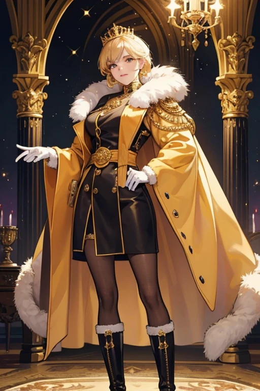 As Queen Mayor,she wears a brilliant golden, glittery coat with a fur collar and fur cuffs, with the mayoral sash being worn over this. She also has a golden purse around her shoulder down to her hip, black boots and white gloves. SPARKLE; GLITTER