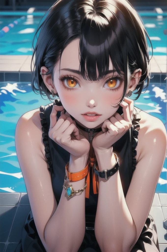 masterpiece, Highest quality, Perfect Face, Highest Resolution, Highest quality,Detailed depiction of the eyes, 1 Girl, young, Dark brown skin, slate gray hair, short hair, Upturned eyes, Yellow orange eyes, Perfect Anatomy, Ribbon choker, Large swimming pool, Feet Focus