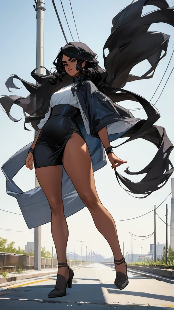 In the image, a 24-year-old woman with a full-body, ultra-realistic 8K portrait is walking down the street. She has a small face with small, intense black eyes, thick eyebrows, a small and thin mouth, and slightly bronzed skin. Her long, heavy, and curly black hair cascades down. Standing at 1.57m tall, she has a beautiful and intimidating presence. In the background, Jesus is depicted watching over her, protecting her from surrounding demons.