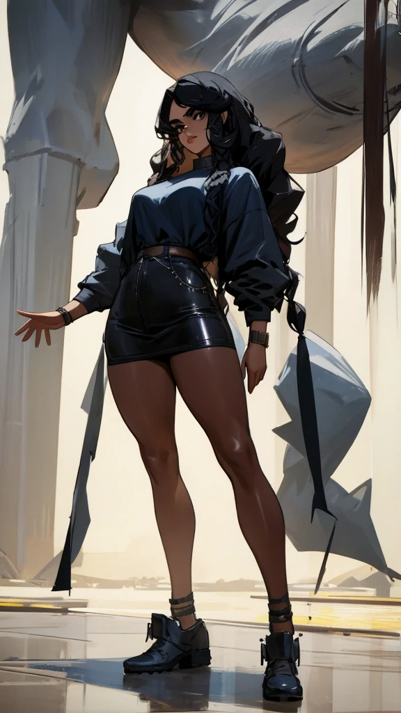 A 24-year-old woman with a full-body, ultra-realistic 8K portrait is walking down the street. She has a small face with small, intense black eyes, thick eyebrows, a small and thin mouth, and slightly bronzed skin. Her long, heavy, and curly black hair cascades down. She has large busts and thick legs. Standing at 1.57m tall, she has a beautiful and intimidating presence. Behind her, Jesus is depicted watching over her, protecting her from surrounding demons.