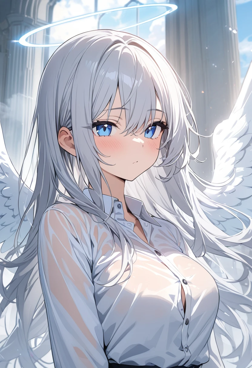 ((masterpiece)), (Highest quality), (Simple style), Silver hair, long hair, blue eyes, heaven, angel wings, dress shirt(See-through)