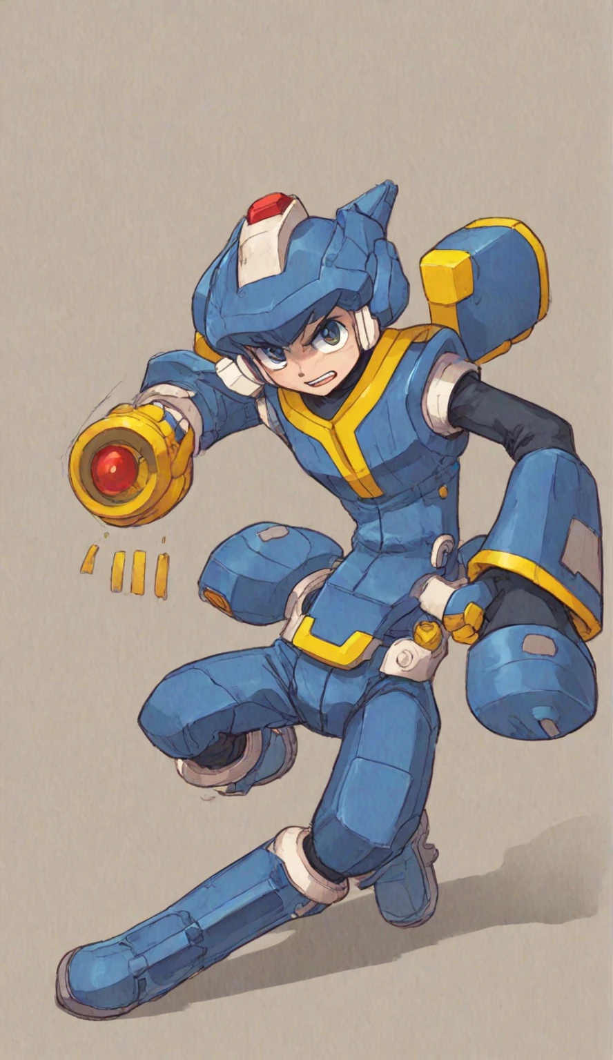  in kinu-sensei artstyle, Kinu Nishimura style, muted pastel colors, 1boy, solo, hardboiled, reploid, Here's a detailed AI art prompt based on the provided description of "Rockman NEO":

---

**AI Art Prompt:**

"Create a vibrant, 2D sprite-based animation scene inspired by the dark age theme of 'Rockman NEO'. The visual design should feature a mix of classic video game aesthetics and hand-drawn backgrounds. Center the scene around Mega Man, designed with iconic blue armor, helmet, and arm cannon, reflecting his creation by Dr. Wily instead of Dr. Light. The color palette should be bold and primary, with blues, reds, and yellows dominating the scene, creating a nostalgic feel of the 8-bit and 16-bit video game eras. Use contrasting colors to emphasize characters and objects against detailed, hand-drawn backgrounds. The animation should mimic classic video game cutscenes with frame-by-frame character movements and straightforward transitions. The atmosphere should evoke mystery and anticipation, showcasing a dark and intriguing twist in the Mega Man universe. The setting should reflect a futuristic, dystopian world with elements of technological decay. Incorporate the mood of the song 'Back to Mad' by Texas Faggott to complement the action and enhance the overall tone of the scene. Capture the essence of nostalgia, creativity, and a fresh perspective on the beloved video game character Mega Man.