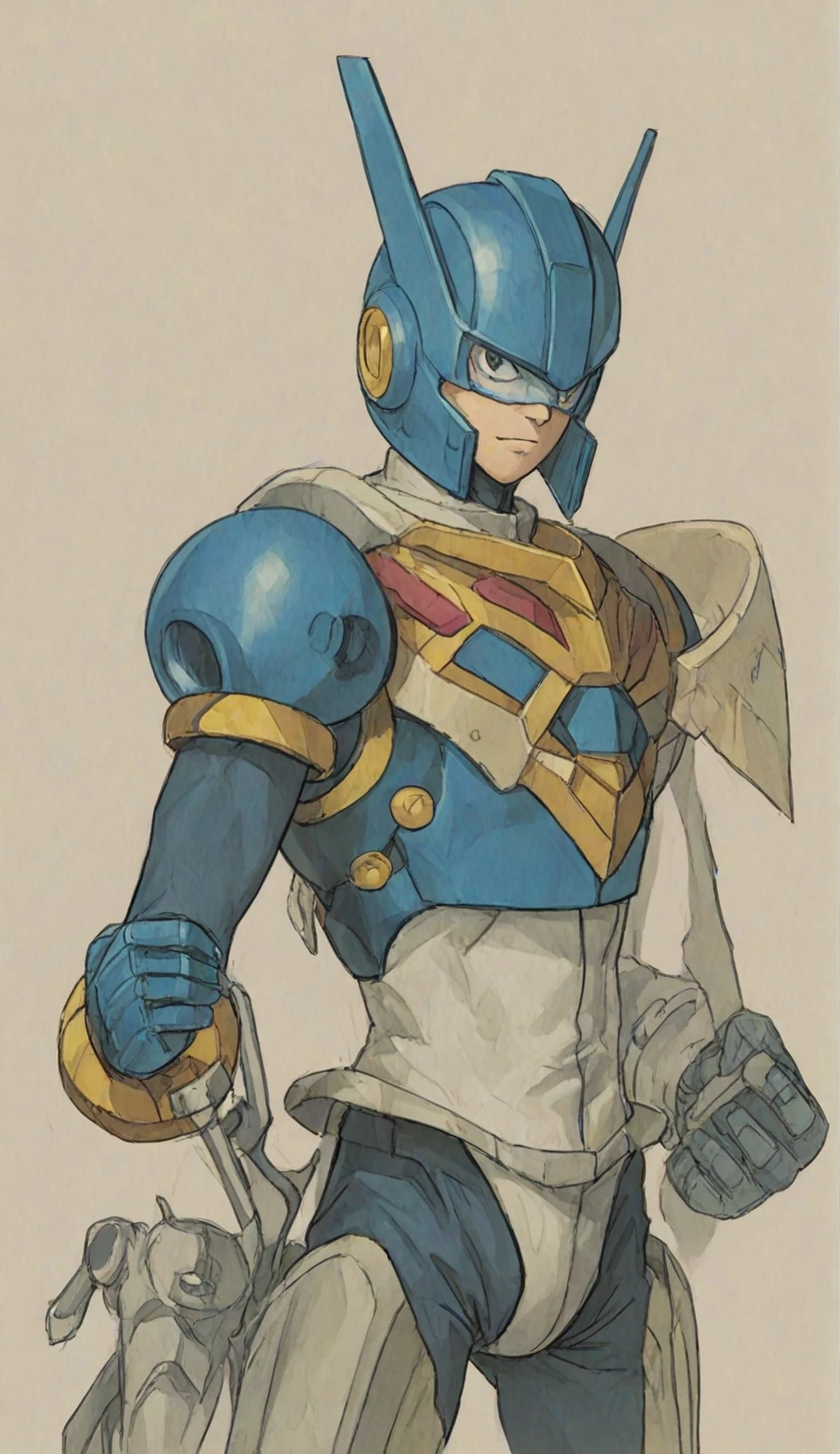 in kinu-sensei artstyle, Kinu Nishimura style, muted pastel colors, 1boy, solo, hardboiled, reploid, Here's a detailed AI art prompt based on the provided description of "Rockman NEO":
---
**AI Art Prompt:**
"Create a vibrant, 2D sprite-based animation scene inspired by the dark age theme of 'Rockman NEO'. The visual design should feature a mix of classic video game aesthetics and hand-drawn backgrounds. Center the scene around Mega Man, designed with iconic blue armor, helmet, and arm cannon, reflecting his creation by Dr. Wily instead of Dr. Light. The color palette should be bold and primary, with blues, reds, and yellows dominating the scene, creating a nostalgic feel of the 8-bit and 16-bit video game eras. Use contrasting colors to emphasize characters and objects against detailed, hand-drawn backgrounds. The animation should mimic classic video game cutscenes with frame-by-frame character movements and straightforward transitions. The atmosphere should evoke mystery and anticipation, showcasing a dark and intriguing twist in the Mega Man universe. The setting should reflect a futuristic, dystopian world with elements of technological decay. Incorporate the mood of the song 'Back to Mad' by Texas Faggott to complement the action and enhance the overall tone of the scene. Capture the essence of nostalgia, creativity, and a fresh perspective on the beloved video game character Mega Man.