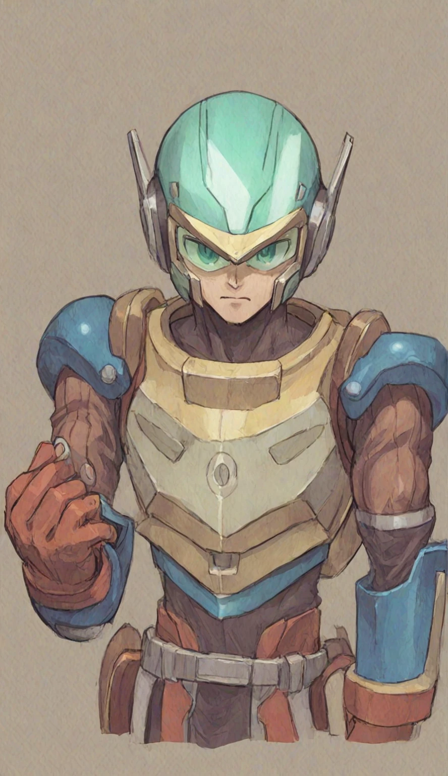 in kinu-sensei artstyle, Kinu Nishimura style, muted pastel colors, 1boy, solo, hardboiled, reploid, Here's a detailed AI art prompt based on the provided description of "Rockman NEO":
---
**AI Art Prompt:**
"Create a vibrant, 2D sprite-based animation scene inspired by the dark age theme of 'Rockman NEO'. The visual design should feature a mix of classic video game aesthetics and hand-drawn backgrounds. Center the scene around Mega Man, designed with iconic blue armor, helmet, and arm cannon, reflecting his creation by Dr. Wily instead of Dr. Light. The color palette should be bold and primary, with blues, reds, and yellows dominating the scene, creating a nostalgic feel of the 8-bit and 16-bit video game eras. Use contrasting colors to emphasize characters and objects against detailed, hand-drawn backgrounds. The animation should mimic classic video game cutscenes with frame-by-frame character movements and straightforward transitions. The atmosphere should evoke mystery and anticipation, showcasing a dark and intriguing twist in the Mega Man universe. The setting should reflect a futuristic, dystopian world with elements of technological decay. Incorporate the mood of the song 'Back to Mad' by Texas Faggott to complement the action and enhance the overall tone of the scene. Capture the essence of nostalgia, creativity, and a fresh perspective on the beloved video game character Mega Man.