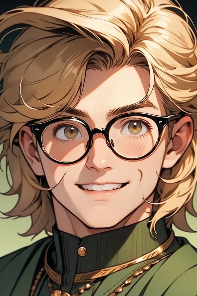 [32k, 8k, very detailed image, masterpiece], young man, naturally handsome, 23 years old, medium-length blond hair, light brown eyes, large round glasses, [looking fixedly at the viewer], shaved beard, adventurous colored clothing olive, guild background, [[naive expression]], laughter 1.5