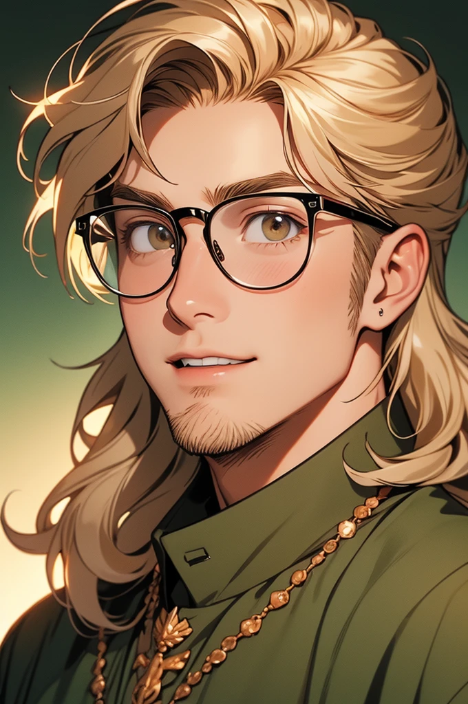 [32k, 8k, very detailed image, masterpiece], young man, naturally handsome, 23 years old, medium-length blond hair, light brown eyes, large round glasses, [looking fixedly at the viewer], shaved beard, adventurous colored clothing olive, guild background, [[naive expression]], laughter 1.5