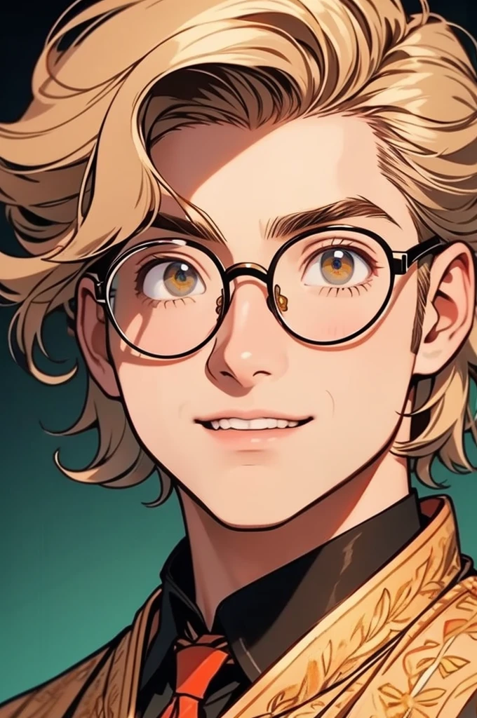 [32k, 8k, very detailed image, masterpiece], young man, naturally handsome, 23 years old, medium-length blond hair, light brown eyes, large round glasses, [looking fixedly at the viewer], shaved beard, adventurous colored clothing olive, guild background, [[naive expression]], laughter 1.5