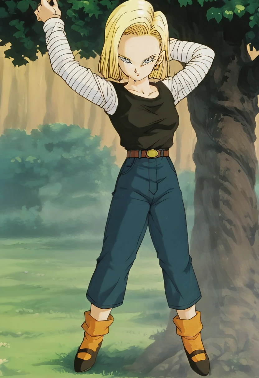 masterpiece, Detailed face, 
Android 18,  Buu Saga, , One girl, alone, View your viewers, short hair, blue eyes, Blonde, clavicle, 
Field, wood, forest, whole body, Hovering, 
Hollow, 
Black Shirt, Long sleeve, Striped sleeves, Hoop Earrings, shoes, オレンジ色のshoes下, belt, High waist pants,
 