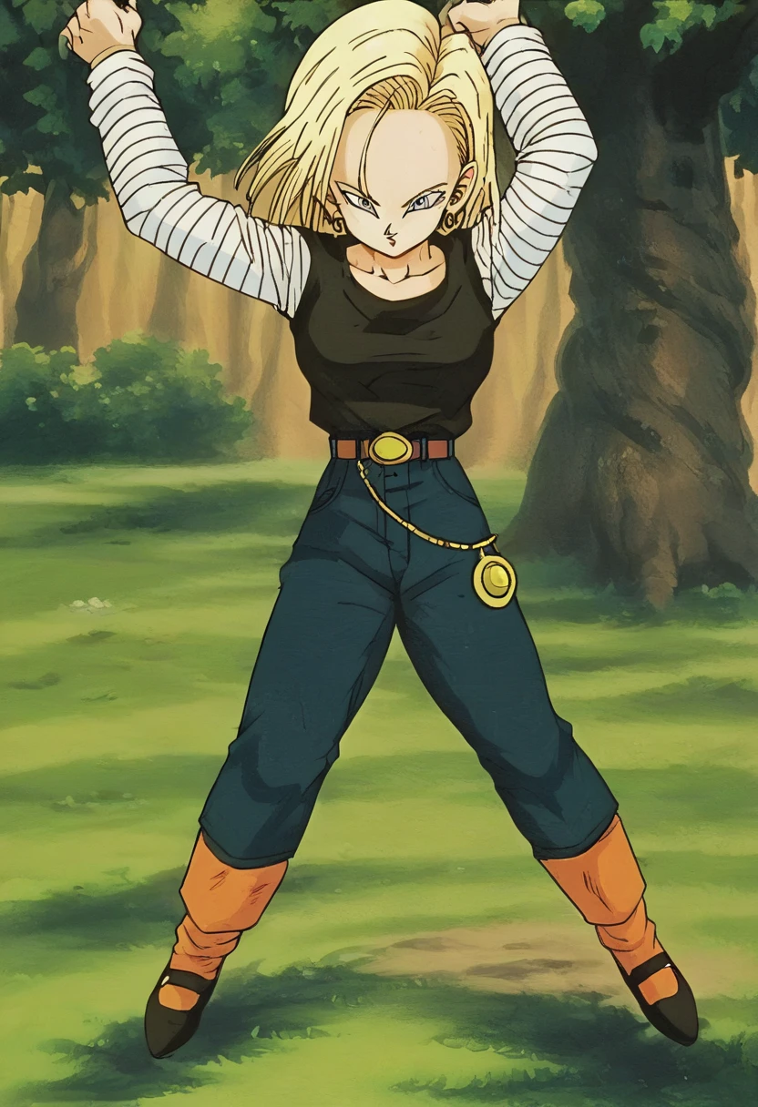 masterpiece, Detailed face,
Android 18, Buu Saga, , One girl, alone, View your viewers, short hair, blue eyes, Blonde, clavicle,
Field, wood, forest, whole body, Hovering,
Hollow,
Black Shirt, Long sleeve, Striped sleeves, Hoop Earrings, shoes, オレンジ色のshoes下, belt, High waist pants,