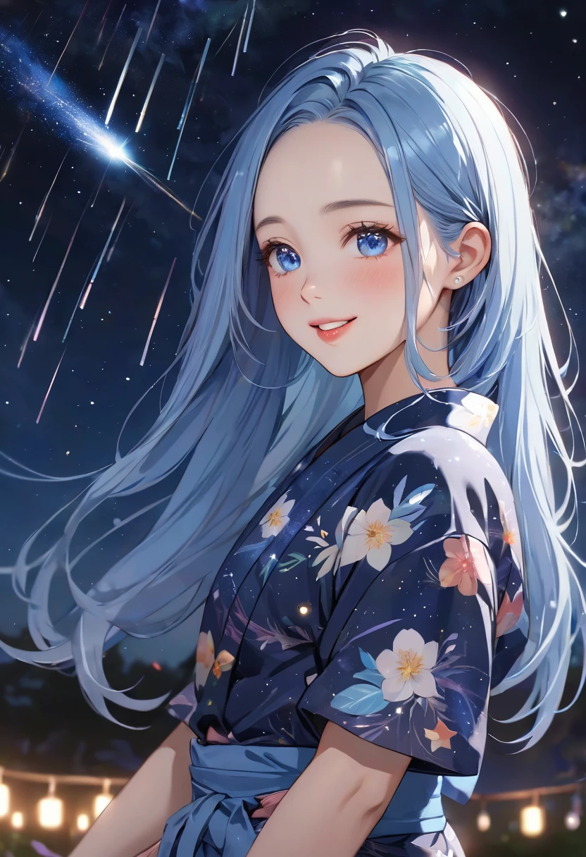 (Tanabata festival style), (in the detailed beautiful night, best sky of Galaxy), (solo:2, 15 yo, forehead blue hair long hair lovely girl, sexy blue eyes, glossy lips, love smile, looking at sky), (in a cute yukata), break, background detailed Universe and Meteor shower, BREAK, perfect anatomy, masterpiece, best quality, 16k, beautiful detailed galaxy, daydreaming expression.
