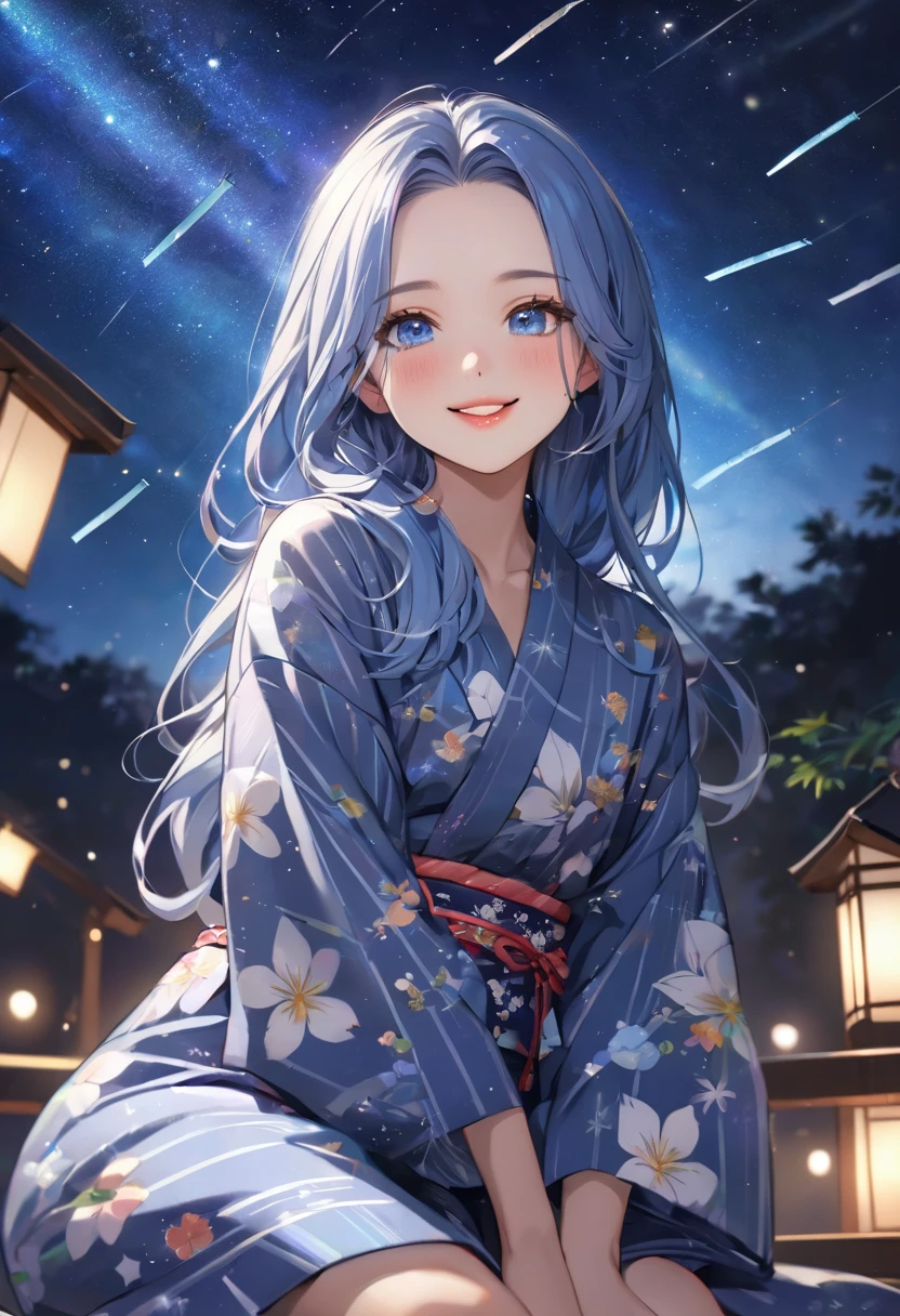 (Tanabata festival style), (in the detailed beautiful night, best sky of Galaxy), (solo:2,  yo, forehead blue hair long hair lovely girl, sexy blue eyes, glossy lips, love smile, looking at sky), (in a cute yukata), break, background detailed Universe and Meteor shower, BREAK, perfect anatomy, masterpiece, best quality, 16k, beautiful detailed galaxy, daydreaming expression.