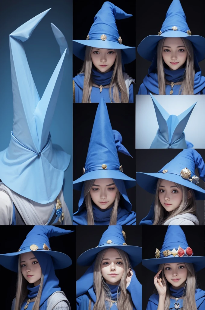 Wizard with a blue pointy hat, no face showing, looking cute and in various poses