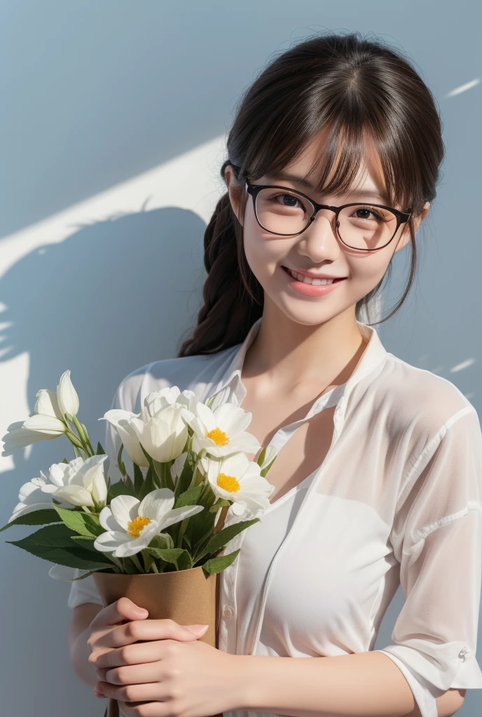 masterpiece, best quality, High school student,shirt,Thin stature,wear glasses,White background,happy,Smile,Smile,Hair accessories,Light,Sunlight,Lighting,Light and Shadow,(Extremely detailed CG unity 8k wallpaper), (best quality), (Best Illustration Award), (The best shadow), absurd, Realistic lighting, (abyss), Beautiful and delicate light, Leng Jun