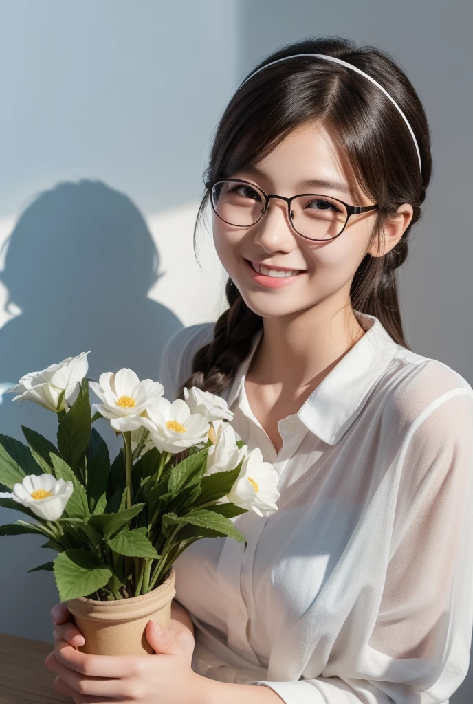 masterpiece, best quality, High school student，shirt，Thin stature，wear glasses，White background，happy，Smile，Smile，Hair accessories，Light，Sunlight，Lighting，Light and Shadow，(Extremely detailed CG unity 8k wallpaper), (best quality), (Best Illustration Award), (The best shadow), absurd, Realistic lighting, (abyss), Beautiful and delicate light, Leng Jun