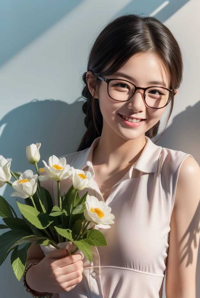 masterpiece, best quality, High school student,shirt,Thin stature,wear glasses,White background,happy,Smile,Smile,Hair accessories,Light,Sunlight,Lighting,Light and Shadow,(Extremely detailed CG unity 8k wallpaper), (best quality), (Best Illustration Award), (The best shadow), absurd, Realistic lighting, (abyss), Beautiful and delicate light, Leng Jun
