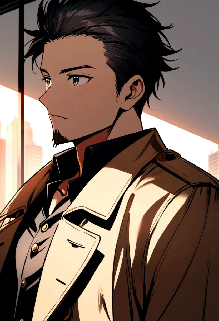 20 year old boy, Bblack hair, goatee, eyes browns, trench coat