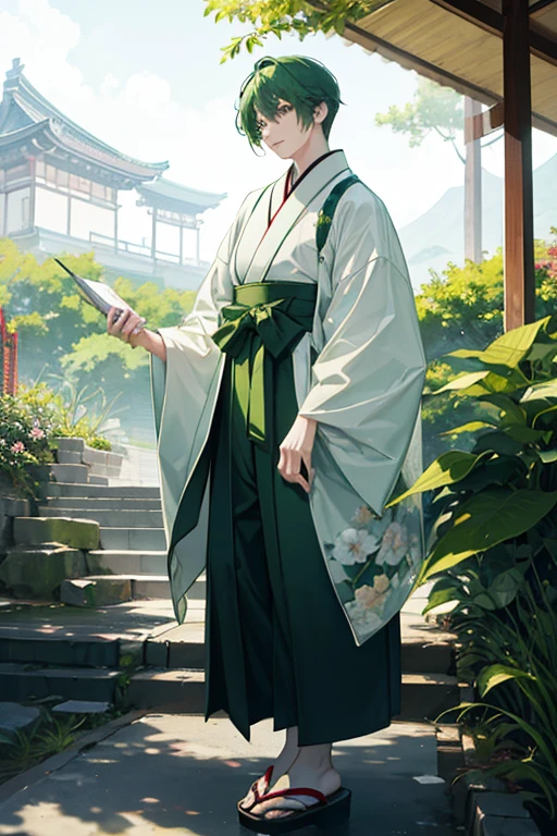 One Man、Standing man、Green Hair、Short Hair、Wearing Japanese clothing、Wearing a hakama、Wearing sandals