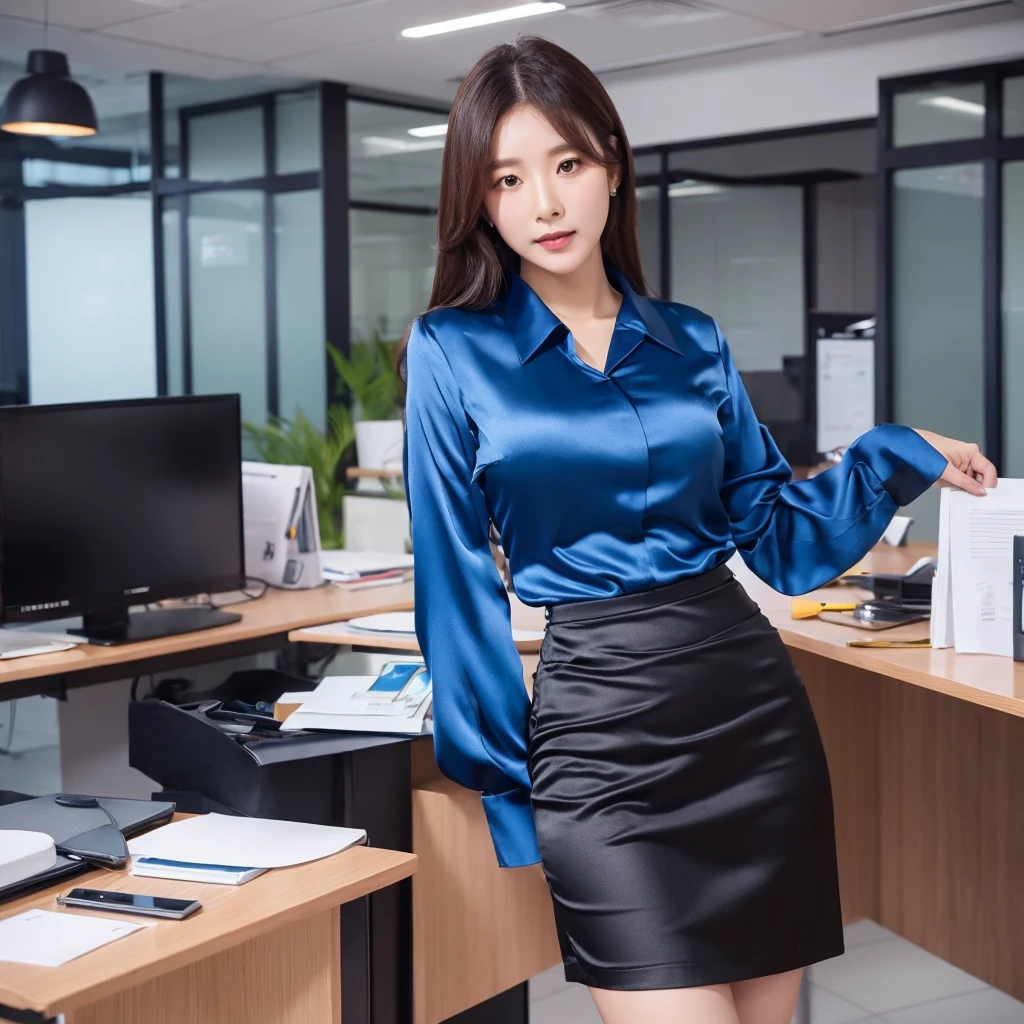 top quality,one Korean office lady,satin blue long sleeve blouse,satin black tight skirt,at office